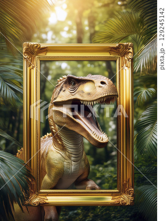 ジャングルに金の豪華な額縁から覗き込む恐竜 129245142