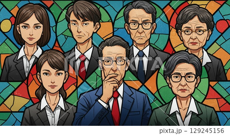 輝く未来へ！ステンドグラス風のタッチで描かれたビジネスチーム 129245156