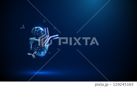 Kidney surrounded by flying antibodies. Antibody-mediated transplant rejection, autoimmune kidney disease, immunotherapy, monoclonal antibody treatment concept 129245165