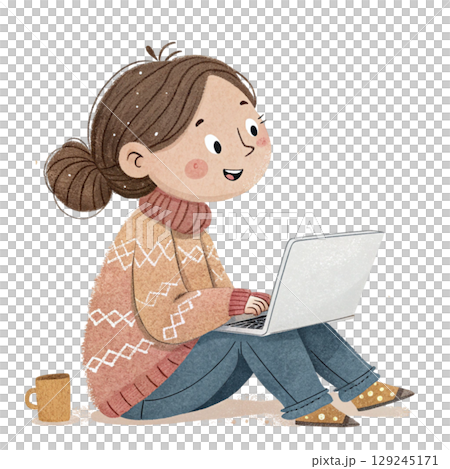 Cute Girl Holding Laptop Vintage Cozy Style Digital Art 129245171