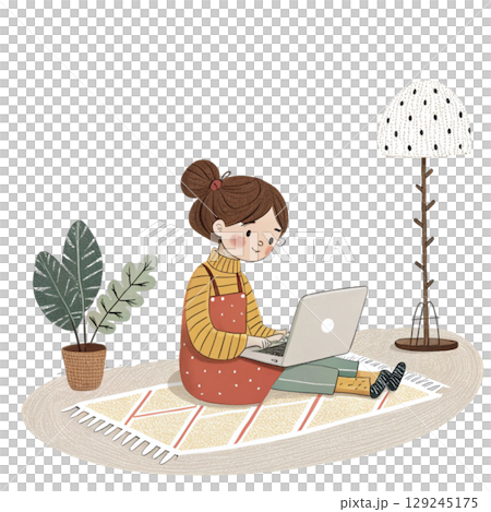 Cute Girl Holding Laptop Vintage Cozy Style Digital Art 129245175