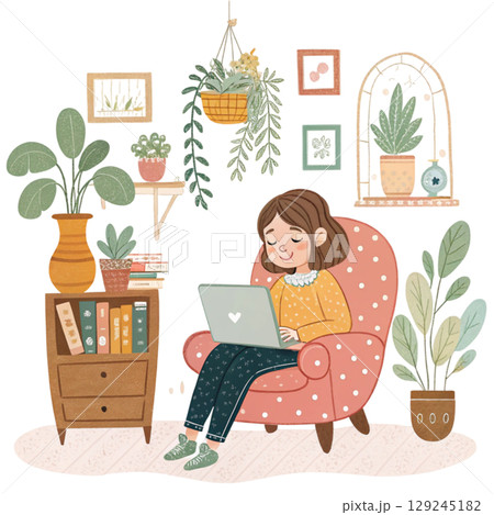 Cute Girl Holding Laptop Vintage Cozy Style Digital Art Cute Girl Holding Laptop Vintage Cozy Style Digital Art 129245182