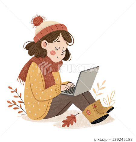 Cute Girl Holding Laptop Vintage Cozy Style Digital Art 129245188