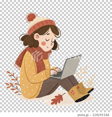 Cute Girl Holding Laptop Vintage Cozy Style Digital Art 129245188