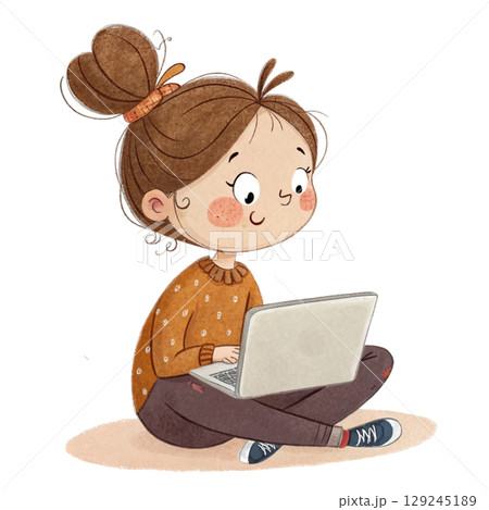 Cute Girl Holding Laptop Vintage Cozy Style Digital Art 129245189
