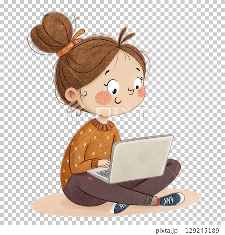 Cute Girl Holding Laptop Vintage Cozy Style Digital Art 129245189
