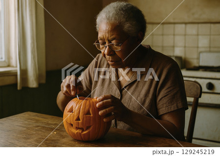 elderly woman carving a pumpkin, generative AI 129245219
