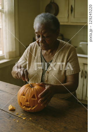 older woman hollowing out a pumpkin, generative AI 129245220