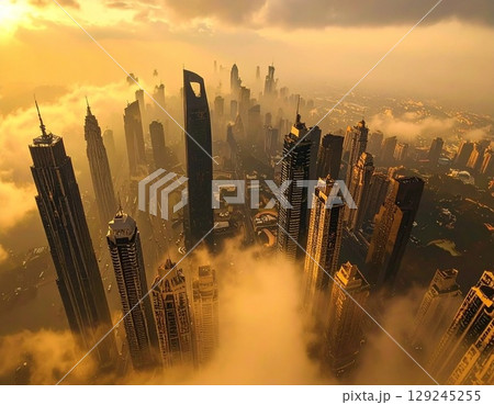 霧に包まれた朝の風景 超高層ビル 霧に包まれた朝の風景 超高層ビル 129245255