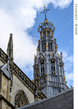 Bell tower of the Church of Saint Bavo Grote Kerk, Reformed Protestant church in Haarlem, Netherlands Bell tower of the Church of Saint Bavo Grote Kerk, Reformed Protestant church in Haarlem, Netherlands 129245312
