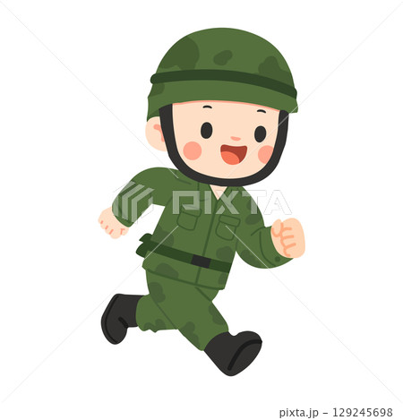 Cartoon Illustration of Soldier Running in Uniform 129245698