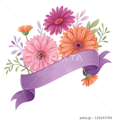 Flower and Ribbon Banner Digital Illustration White Background 129245769