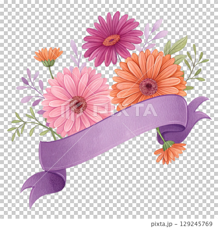 Flower and Ribbon Banner Digital Illustration White Background 129245769