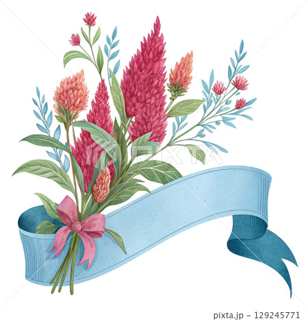 Flower and Ribbon Banner Digital Illustration White Background 129245771