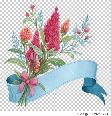 Flower and Ribbon Banner Digital Illustration White Background 129245771
