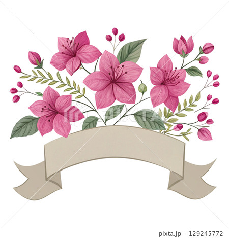 Flower and Ribbon Banner Digital Illustration White Background 129245772