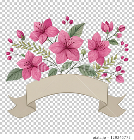 Flower and Ribbon Banner Digital Illustration White Background 129245772