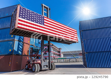 Cargo shipping import export logistic from USA products shipment concept, Container with US flag Cargo shipping import export logistic from USA products shipment concept, Container with US flag 129245790