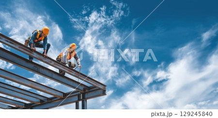 Two construction workers in safety vests and hard hats work on steel roof structure under blue sky with clouds 129245840