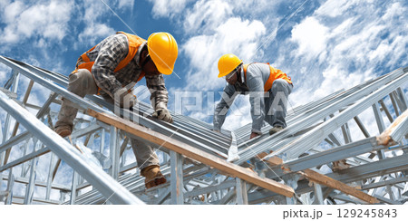 Two construction workers in safety gear work on roof structure under blue sky, surrounded by metal beams and clouds 129245843