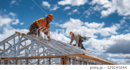 Two construction workers in high visibility gear are assembling metal truss system on roof under blue sky with clouds 129245844