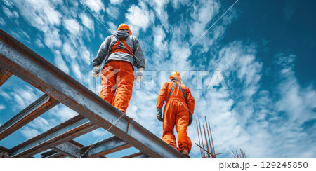 Two construction workers safety gear stand building roof structure blue sky. Metal beams and clouds are visible this high angle shot Two construction workers safety gear stand building roof structure blue sky. Metal beams and clouds are visible this high angle shot 129245850