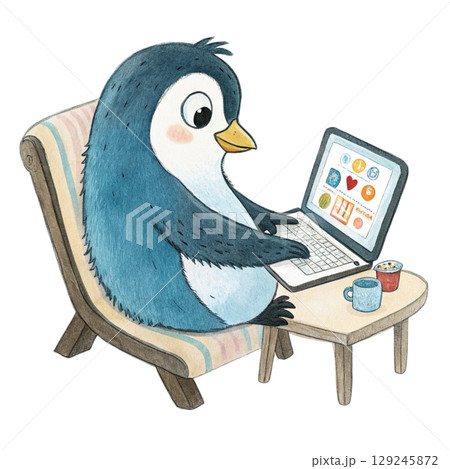 The cutest animals in the world Sitting on a Laptop Watercolor  White Background 129245872