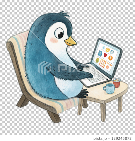 The cutest animals in the world Sitting on a Laptop Watercolor  White Background 129245872