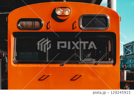 closeup vintage retro style front side of japan train, locomotive railroad cabin at museum closeup vintage retro style front side of japan train, locomotive railroad cabin at museum 129245915