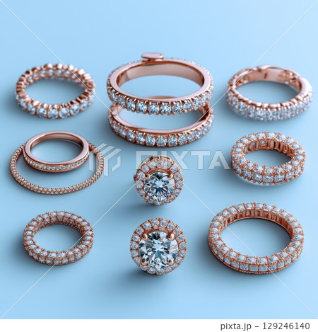 Exquisite collection of gold rings adorned with diamond accents showcasing elegance and luxury in jewelry design, perfect for special occasions or daily wear embellished with brilliance 129246140
