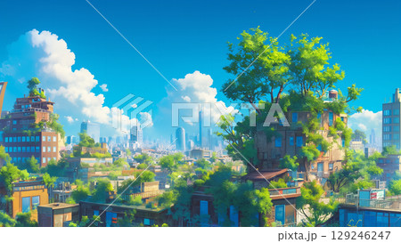 夏の空と植物に侵食された都市、アニメ風 129246247