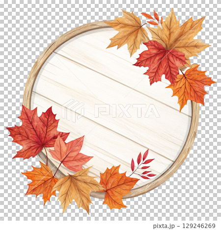 wooden sign  with maple leaf decorations in watercolor style on a white background 129246269