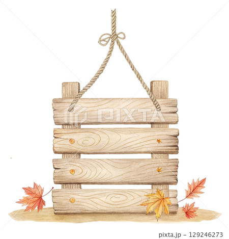 wooden sign  with maple leaf decorations in watercolor style on a white background 129246273