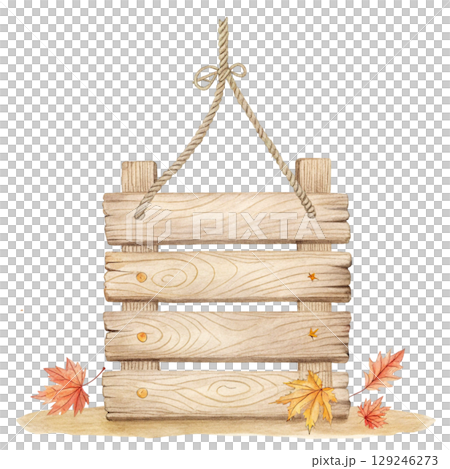 wooden sign  with maple leaf decorations in watercolor style on a white background 129246273