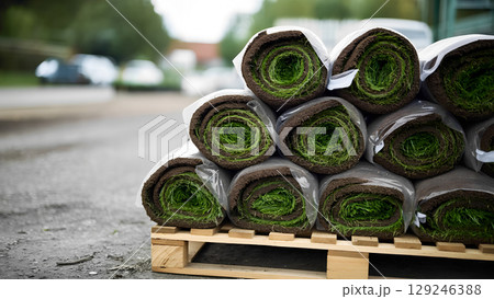 A stack of sod rolls, each consisting of a layer of soil and grass, is placed on a wooden pallet. The sod rolls are wrapped in plastic to keep them fresh. 129246388