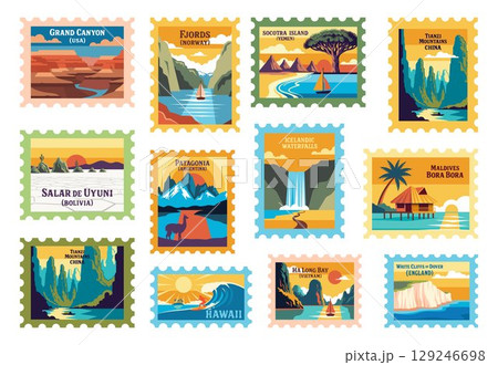 Flat vector travel postage stamps set. Nature-themed horizontal and vertical stamp collection with iconic landscapes. Scenic vacation and adventure destinations Flat vector travel postage stamps set. Nature-themed horizontal and vertical stamp collection with iconic landscapes. Scenic vacation and adventure destinations 129246698