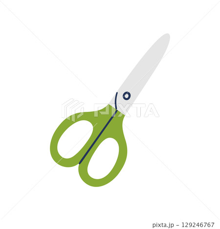 Green scissors with sharp blade and rounded handles for crafting and school. Hand drawn vector illustration. Green scissors with sharp blade and rounded handles for crafting and school. Hand drawn vector illustration. 129246767
