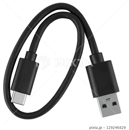 Cable with USB and Type-C connector, on white background in insulation 129246829
