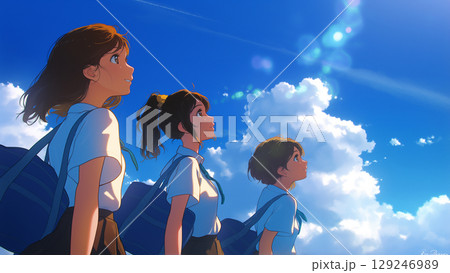入道雲のある夏の空を見上げる女子学生たち、アニメ風 129246989