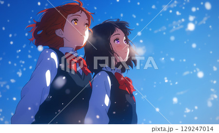 雪が舞う空を見上げる女子学生たち、アニメ風 雪が舞う空を見上げる女子学生たち、アニメ風 129247014