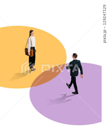Creative collage of man and woman meeting inside overlapping colorful circles on white background Creative collage of man and woman meeting inside overlapping colorful circles on white background 129247129