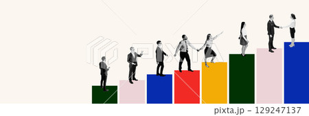 Contemporary collage of businesspeople climbing colorful blocks and shaking hands at top Contemporary collage of businesspeople climbing colorful blocks and shaking hands at top 129247137