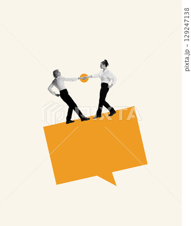 Bold collage of two businesswomen balancing while shaking hands on orange speech bubble 129247138