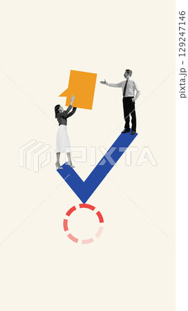 Collage of businesswoman lifting speech bubble to man on checkmark-shaped platform 129247146