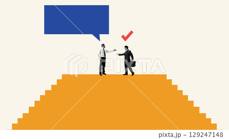 Collage of two businessmen reaching out to shake hands on orange platform with speech bubble and checkmark 129247148