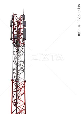 Tower of radio frequency communication facilities: mobile networks, broadcast equipment for transmitting electronic signals over long distances isolated on white background. Clipped path, copy space Tower of radio frequency communication facilities: mobile networks, broadcast equipment for transmitting electronic signals over long distances isolated on white background. Clipped path, copy space 129247149