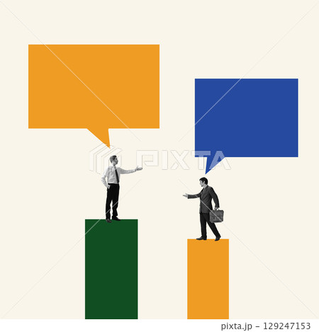 Colorful collage of two businessmen reaching toward each other across tall blocks with speech bubbles 129247153