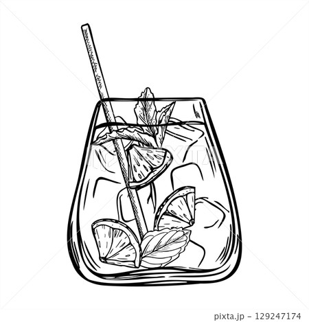 Glass with lemon tonic, ice cubes and lemon slice monochrome vector illustration. Cold water nonalcoholic beverage etching drawing. Drink in tumbler for summer drink design, healthy lifestyle concept. 129247174