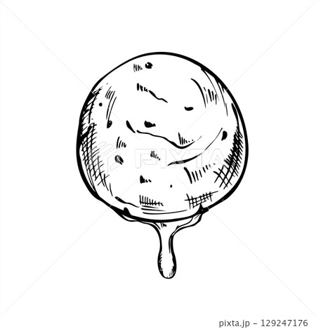 Melting ice cream scoop with falling drip vector sketch illustration painted by black inks. Monochrome sweet fruit sorbet etching drawing for cafe menu, food blog, summer packaging design 129247176