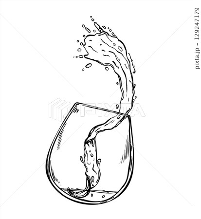 Drink splash with drops from glass dynamic vector illustration. Abstract flowing beverage wave with bubbles monochrome line art. Water in motion with sprays for bar menus, summer drink decor. 129247179